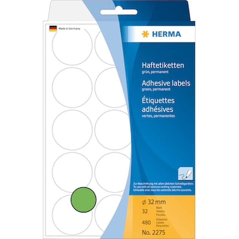 HERMA Herma Adhesive Labels Green 32mm 32 Sheets 111x170 480 Pcs. 2275