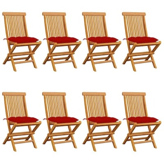 Vidaxl Καρέκλες Κήπου 8 Τεμ. Από Μασίφ Ξύλο Teak Με Κόκκινα Μαξιλάρια image 1