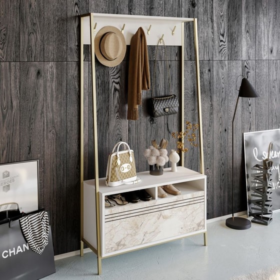 Έπιπλο Εισόδου 24Mall Deve από Μοριοσανίδα/Μέταλλο με Ράφια 94x35.3x180 cm - Λευκο/Χρυσό image 2