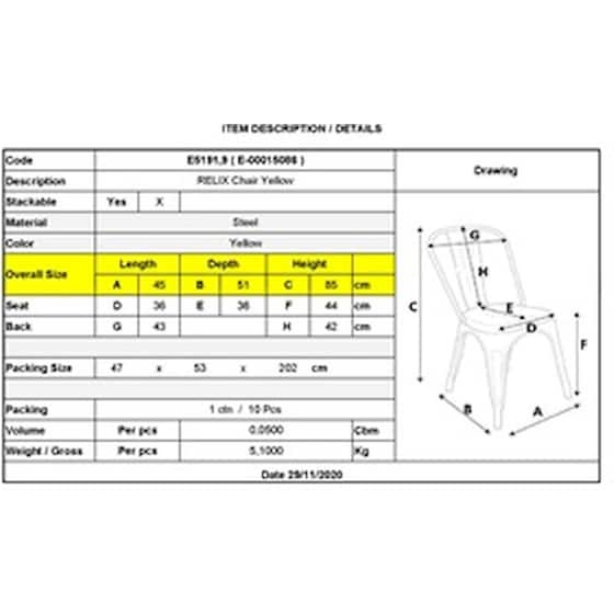 Καρέκλα Woodwell Μεταλλική Συσκευασία 10 Τεμάχια C9756 45x51x85cm - Κίτρινη image 1