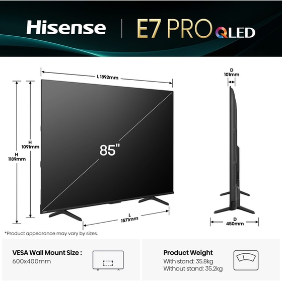 Hisense QLED 85" 4K Smart Τηλεόραση 85E7Q PRO image 1