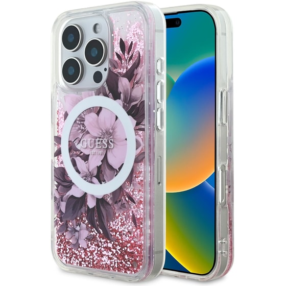 Θήκη Apple iPhone 16 Pro Max Guess Liquid Glitter Flower - Ροζ image 0