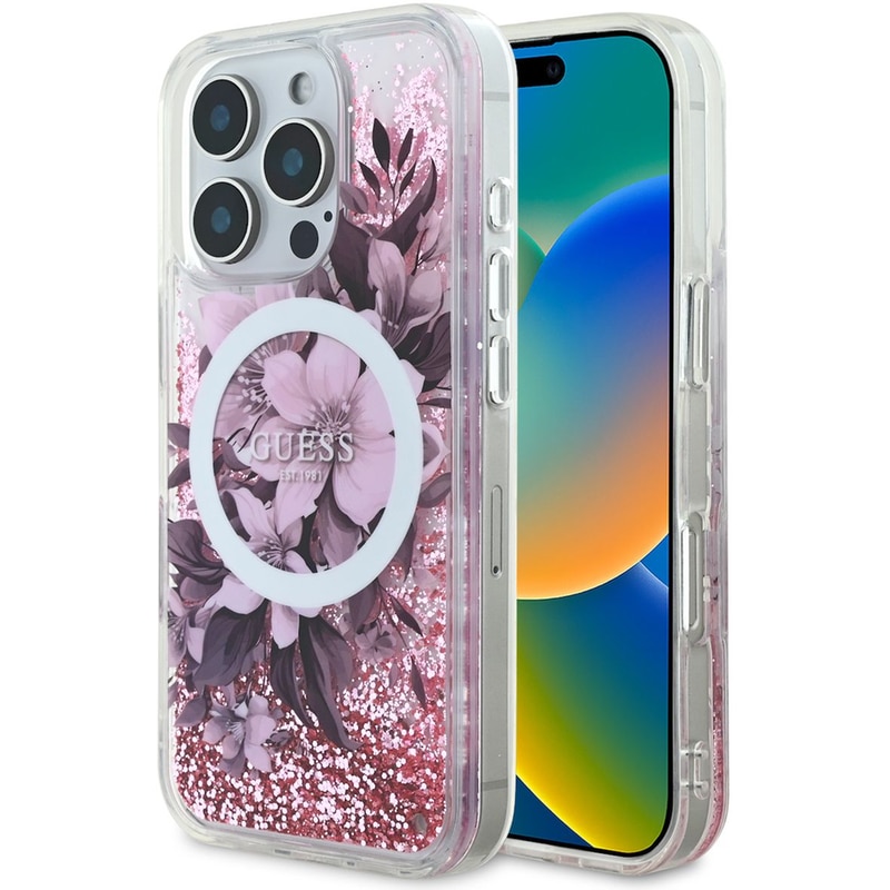Θήκη Apple iPhone 16 Pro Max Guess Liquid Glitter Flower - Ροζ
