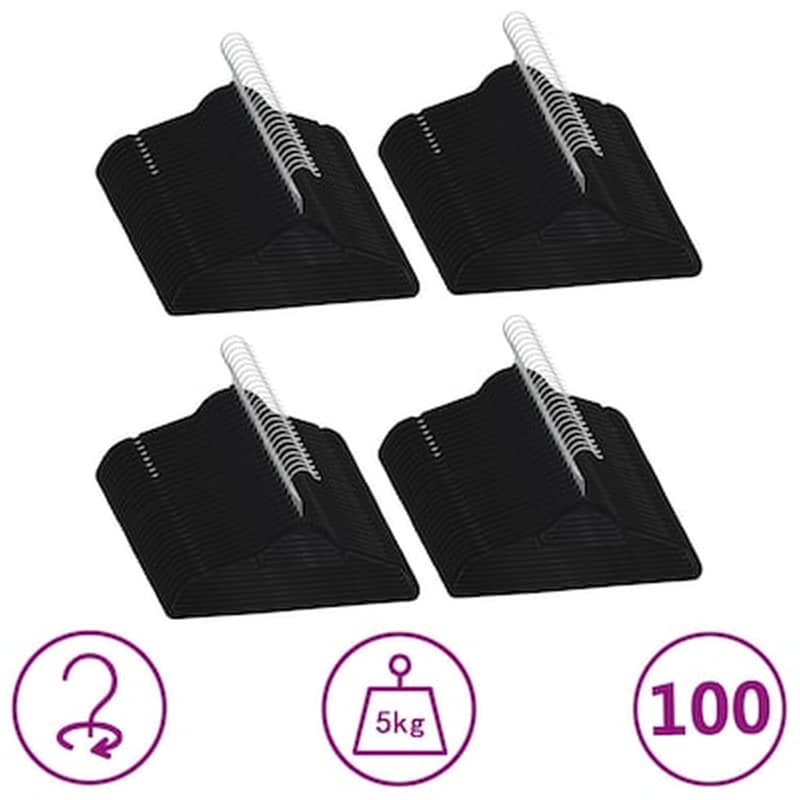 Vidaxl Κρεμάστρες Ρούχων Σετ 100 Τεμ. Αντιολισθητικές Μαύρες Βελούδο