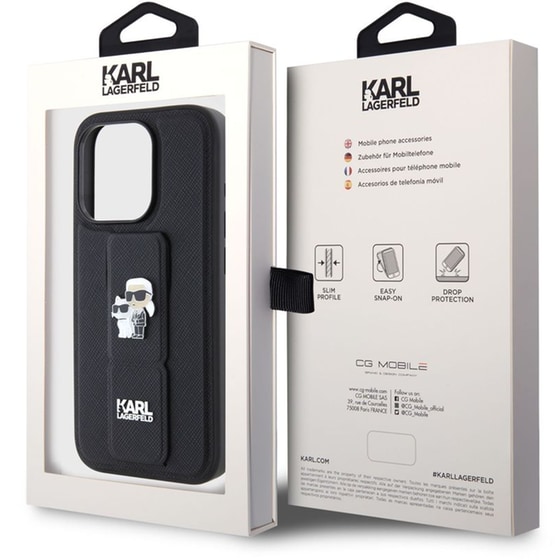 Θήκη Apple iPhone 15 Pro - Karl Lagerfeld Karl + Choupette Metal Pin Saffiano Gripstand Case - Black image 1