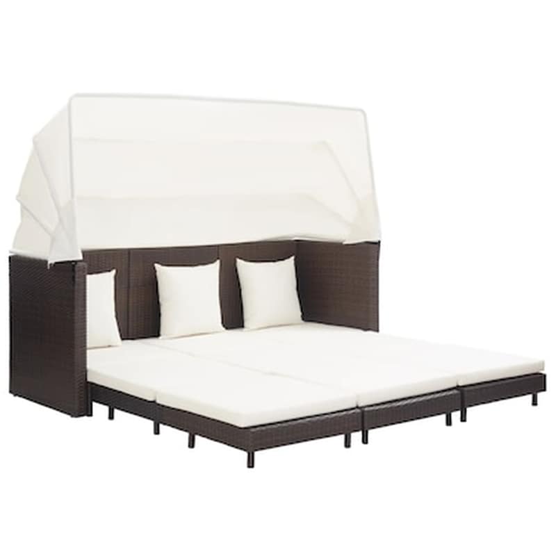 Καναπές Κρεβάτι VidaXL Επεκτεινόμενος Τριθέσιος με Σκίαστρο από Συνθετικό Ρατάν 200x185x70-150 cm - Καφέ/Κρεμ