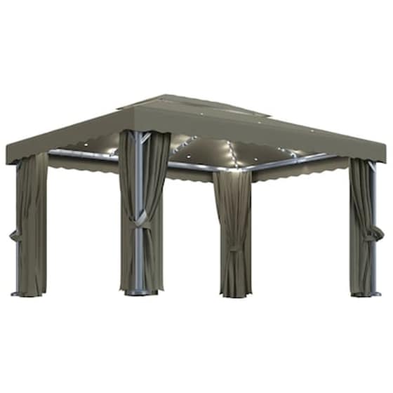 Vidaxl Κιόσκι Με Κουρτίνα Και Φωτάκια Taupe 4 X 3 Μ. image 0