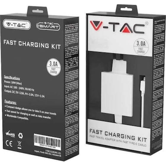 Σετ Φόρτισης V-tac 18W 3A with cable Micro Usb - White image 1
