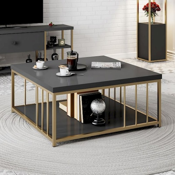 Τραπεζάκι Σαλονιού 24Mall Zeta από Μοριοσανίδα 90x90x40 cm - Ανθρακί/Χρυσό image 1