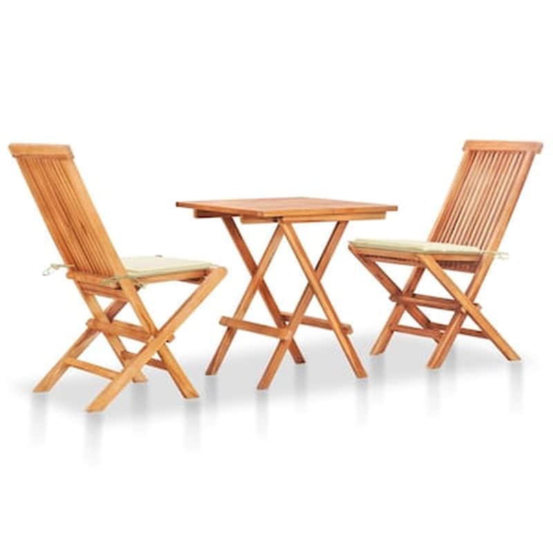 Vidaxl Σετ Επίπλων Mπιστρό 3 Τεμ. Μασίφ Ξύλο Teak Με Κρεμ Μαξιλάρια