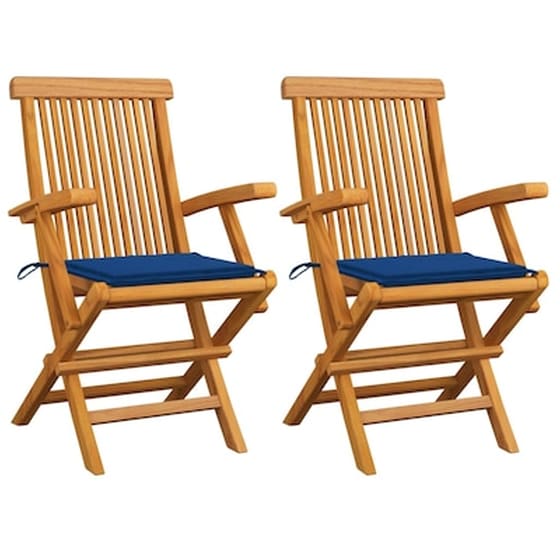 Vidaxl Καρέκλες Κήπου 2 Τεμ. Μασίφ Ξύλο Teak Με Μπλε Ρουά Μαξιλάρια image 0