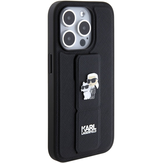 Θήκη Apple iPhone 15 Pro - Karl Lagerfeld Karl + Choupette Metal Pin Saffiano Gripstand Case - Black image 2