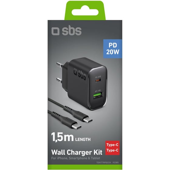 Σετ Φόρτισης SBS Wall Charger Kit 1x USB-C / 1x USB-A 20W με καλώδιο USB-C σε USB-C 1.5m - Black image 1