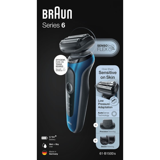 Ξυριστική Μηχανή BRAUN SERIES 6 61-B1500s Προσώπου Επαναφορτιζόμενη για Υγρό και Στεγνό Ξύρισμα με Θήκη Μπλε image 2
