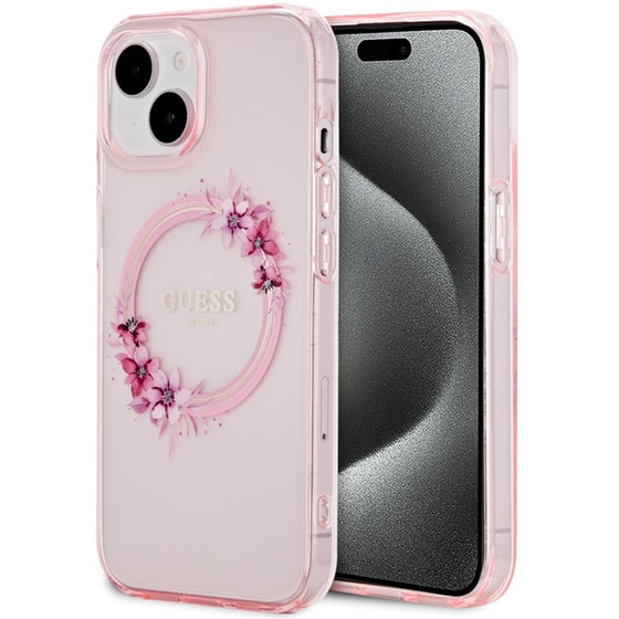 Θήκη Apple iPhone 15 - Guess Flowers Wreath Collection Magsafe Hard Case - Ροζ image 1