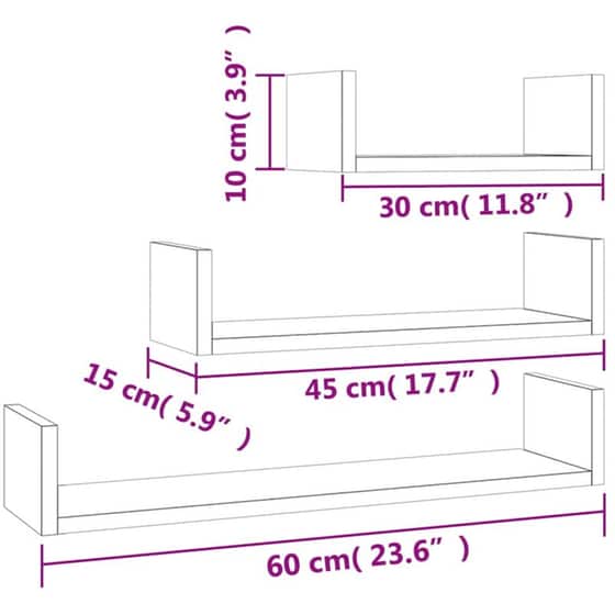 Ράφια Τοίχου VidaXL από Μοριοσανίδα 60x15x10cm 3 Τμχ -  Γκρι image 6