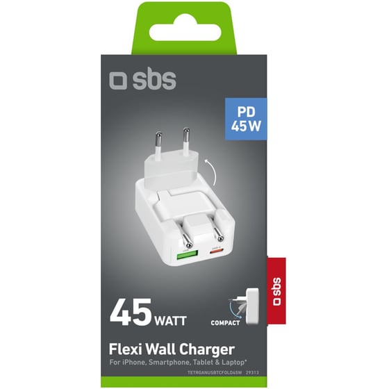 Φορτιστής Πρίζας SBS Flexi Wall Charger 1x USB-C / 1x USB-A 45W - White image 1