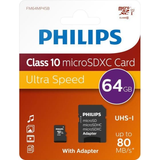 Philips microSDXC 64GB Class 10 U1 UHS-I με αντάπτορα image 1