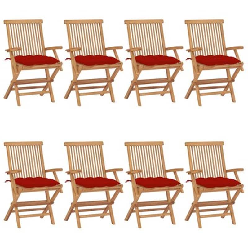 Vidaxl Καρέκλες Κήπου 8 Τεμ. Από Μασίφ Ξύλο Teak Με Κόκκινα Μαξιλάρια