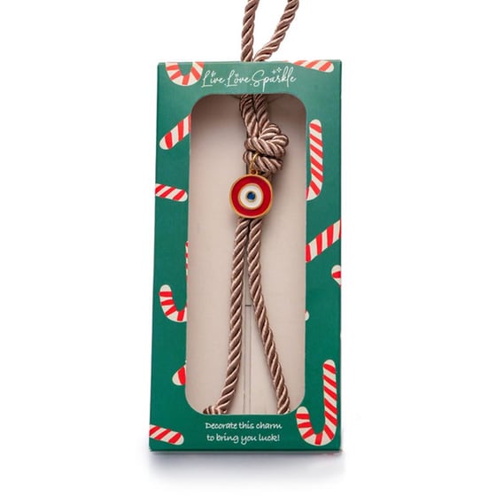 Γούρι Live.Love.Sparkle Μπεζ Κορδόνι Επίχρυσο Μάτι Κόκκινο image 0