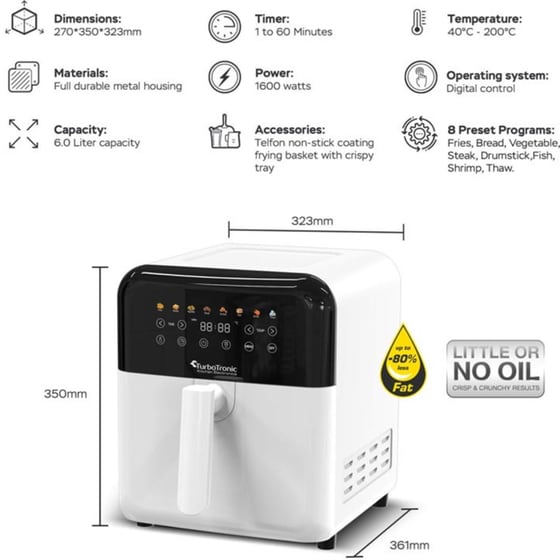 TURBOTRONIC TT-AF190 με Αποσπώμενο Κάδο 1600 W 6 L Λευκό Φριτέζα Αέρος image 3