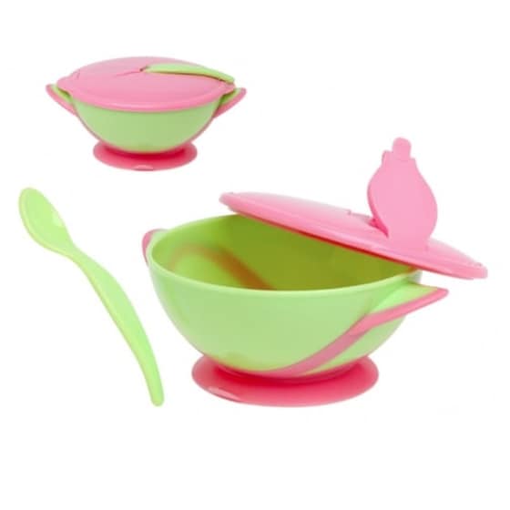 Kiokids Μπολ Με Καπάκι Και Βεντούζα + Κουταλάκι 300ml Ροζ 6+μ image 0