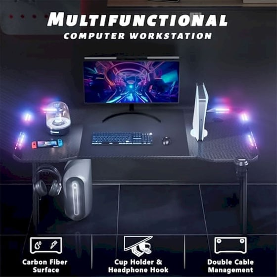 Γραφείο Gaming Lamtech RGB από Carbon Fiber 140x60x75cm - Μαύρο image 4