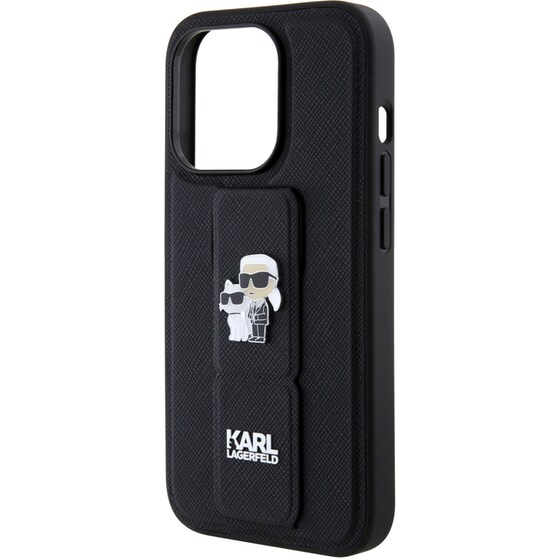 Θήκη Apple iPhone 15 Pro - Karl Lagerfeld Karl + Choupette Metal Pin Saffiano Gripstand Case - Black image 8