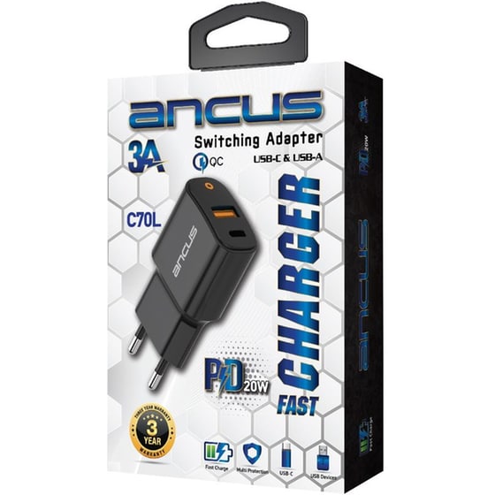 Φορτιστής Πρίζας Ancus Supreme Series C70l Dual Fast Charge USB/USB-C 20W - Black image 0