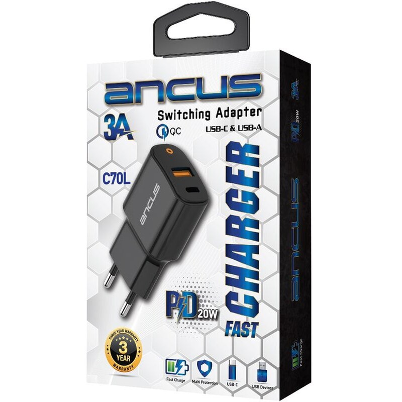Φορτιστής Πρίζας Ancus Supreme Series C70l Dual Fast Charge USB/USB-C 20W - Black