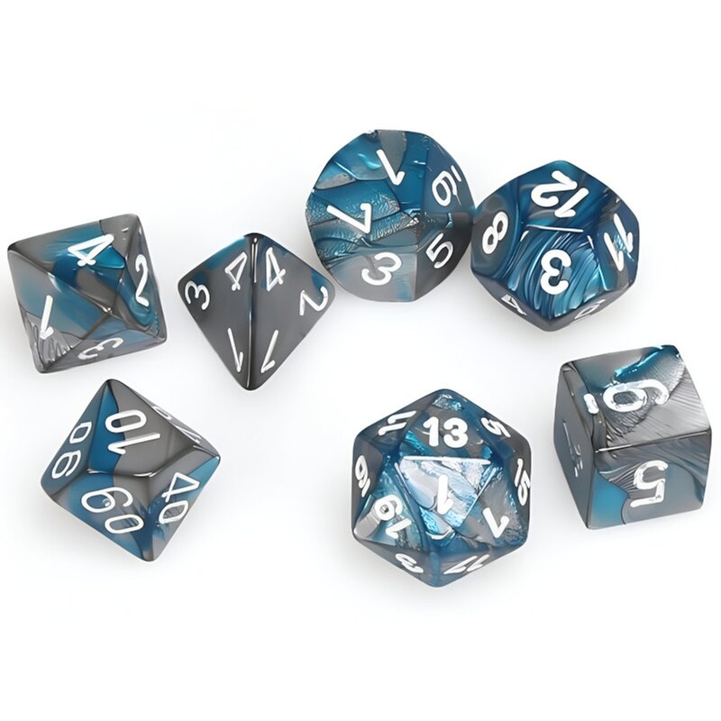 CHESSEX Σετ Ζάρια - 7 Mini Dice Set Polyhedral Gemini Steel With Teal/white