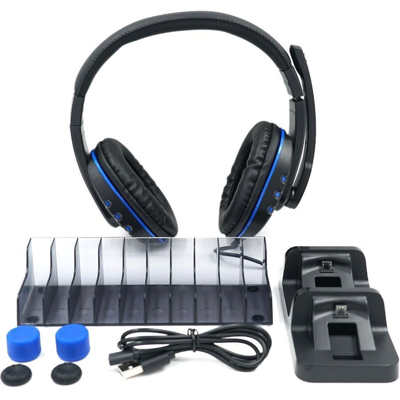 DOBE Dobe 5-in-1 Gaming Ενσύρματα Ακουστικά 3.5mm Βάση Φόρτισης Controller PS4 Thumb Grips Βάση 10 Παιχνιδιών Μαύρα