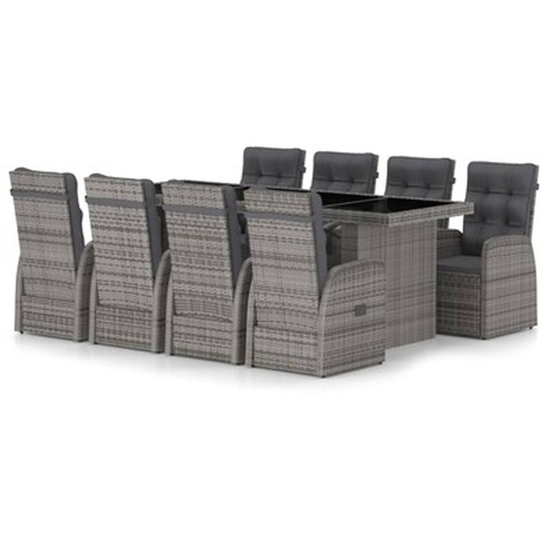 Vidaxl Σετ Τραπεζαρίας Εξ. Χώρου 9 Τεμ. Γκρι Συνθ. Ρατάν Με Μαξιλάρια VIDAXL