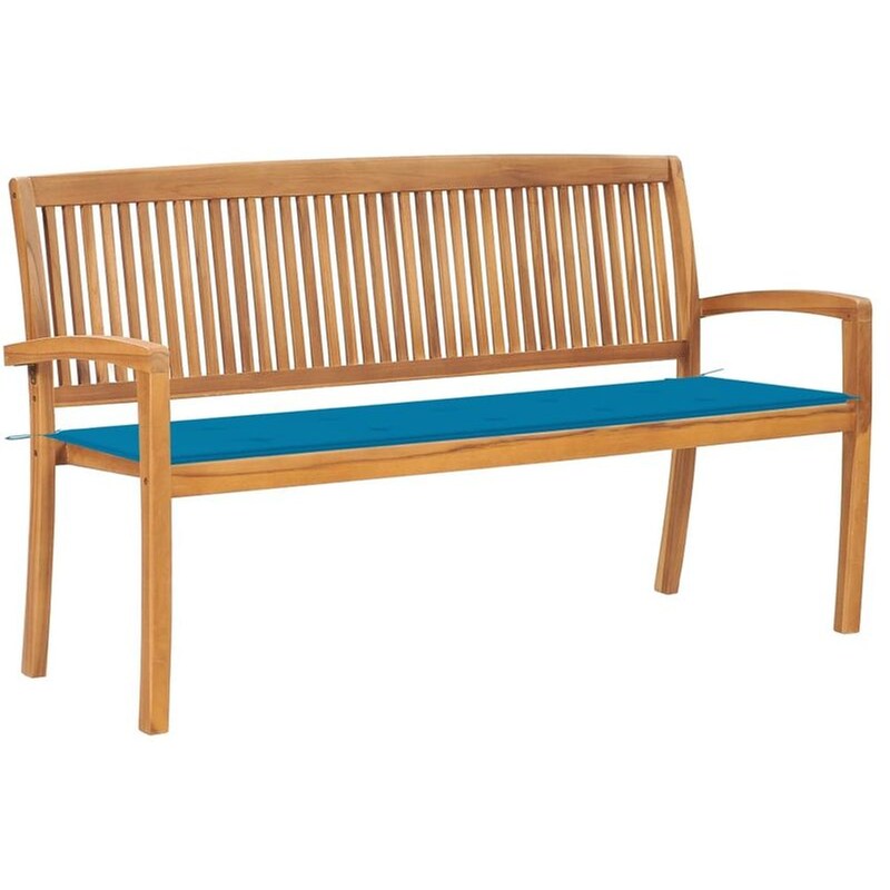 Παγκάκι Κήπου VidaXL Στοιβαζόμενο με Μαξιλάρι από Μασίφ Ξύλο Teak 159x57.5x90 cm - Καφέ/Μπλε