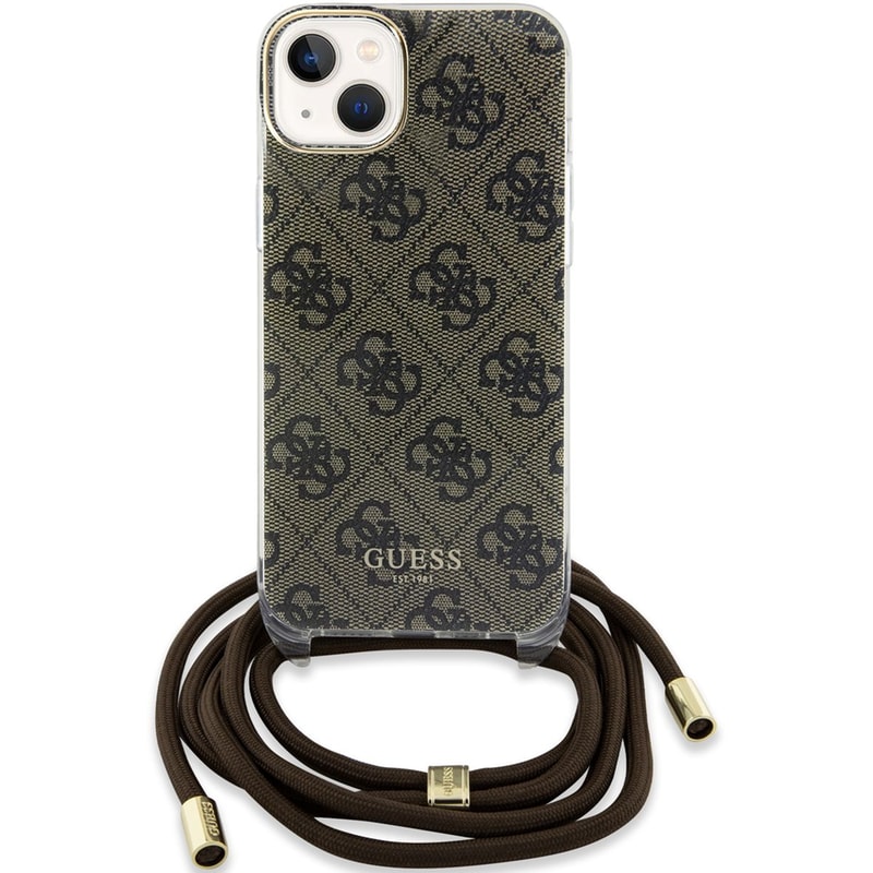 GUESS Θήκη Apple iPhone 15 - Guess 4g Logo Collection Crossbody Hard Case με Script Metal Logo - Καφέ