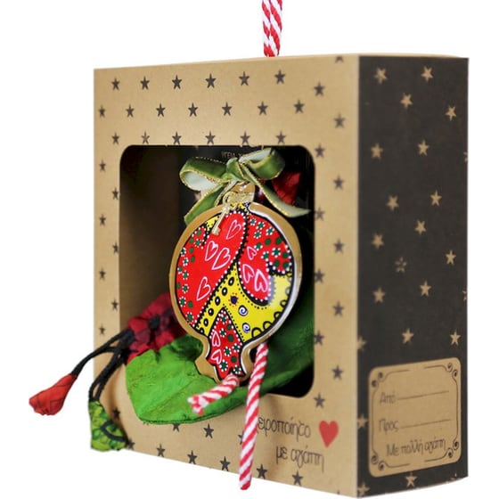 Κρεμαστό Χριστουγεννιάτικο Γούρι Boho Μεταλλικό - Ρόδι με Καρδιές image 1