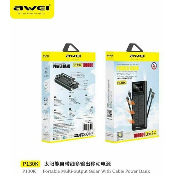 Powerbank Ηλιακό Awei P130K 10.000 mAh - Μαύρο image 1