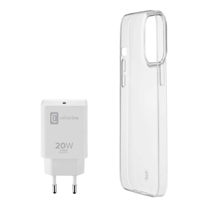 Πακέτο Φορτιστής Πρίζας Ταξιδίου USB-C 20W + Διάφανη Θήκη Cellular line για iPhone 13 Pro