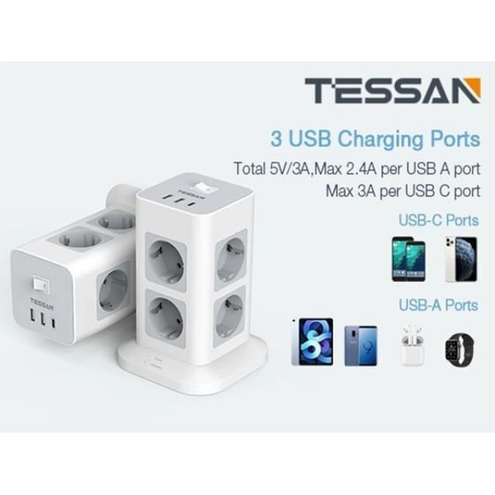Πολύπριζο TESSAN TPS03-DE-C με θύρες AC, USB-A, USB-C image 1