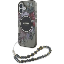 Θήκη Apple iPhone 16 - Guess Flowers with Pearl Strap - Black