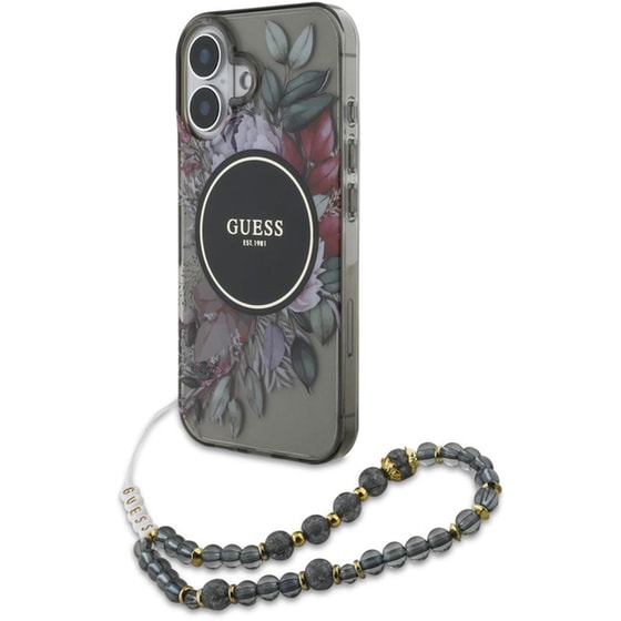 Θήκη Apple iPhone 16 - Guess Flowers with Pearl Strap - Black image 0