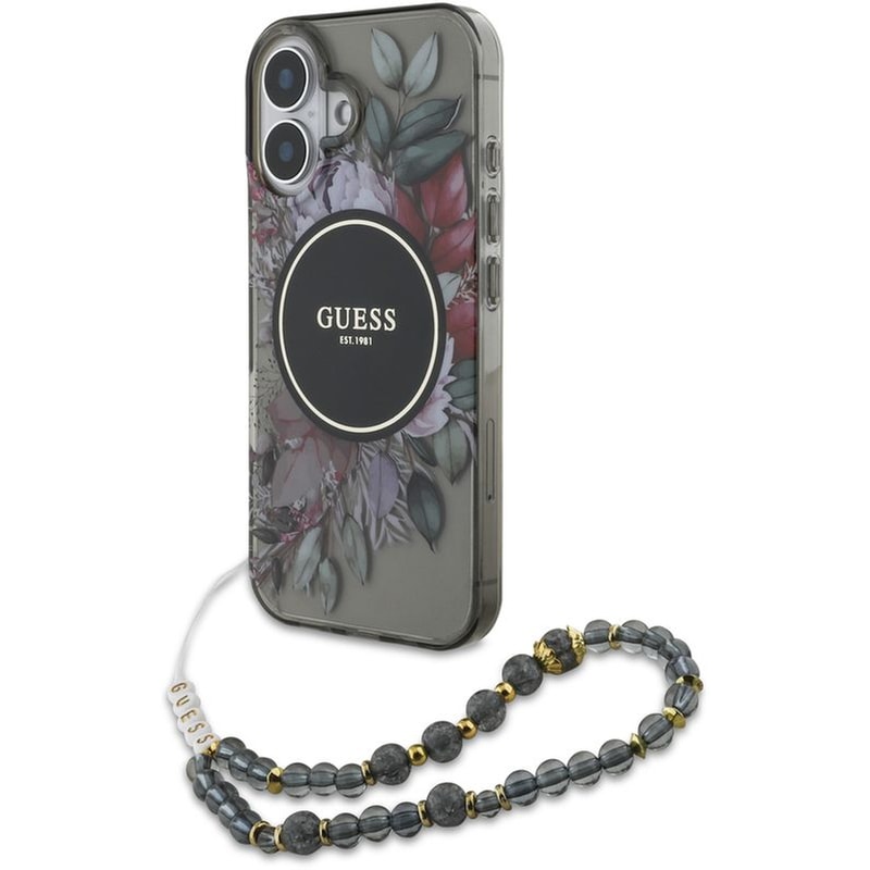 Θήκη Apple iPhone 16 - Guess Flowers with Pearl Strap - Black GUESS