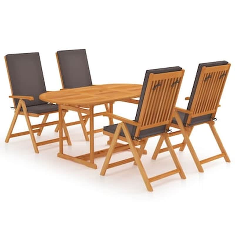 Vidaxl Σετ Τραπεζαρίας Κήπου 5 Τεμ. Μασίφ Ξύλο Teak Με Γκρι Μαξιλάρια