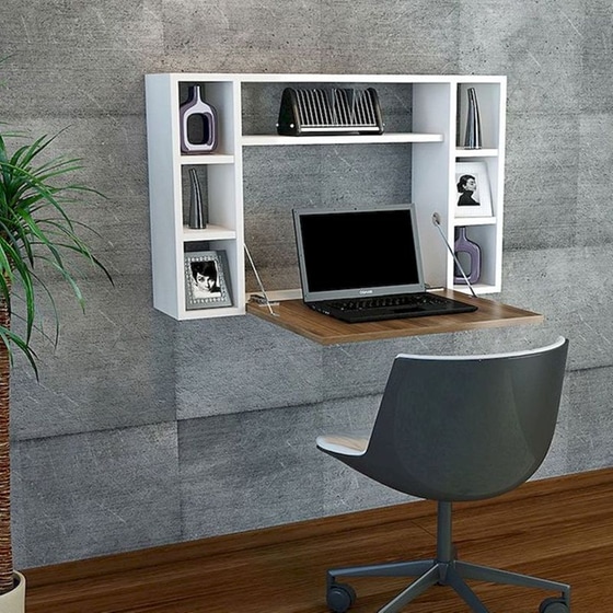 Γραφείο Επιτοίχιο Βιβλιοθήκη ArteLibre Amorgos 90x20-46x60cm - Καρυδί/Λευκό image 3