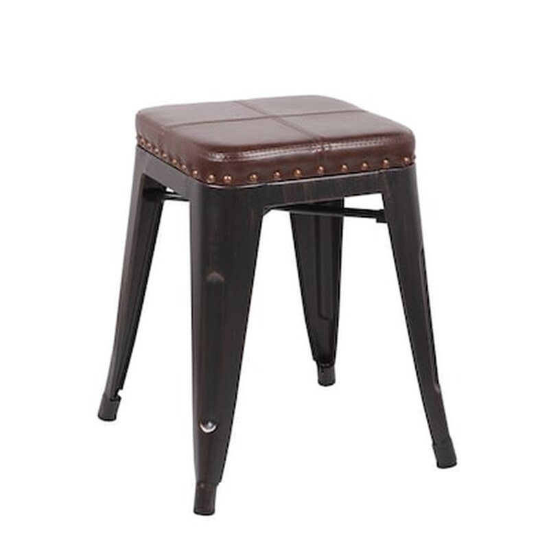 Σκαμπό Σαλονιού Woodwell Μεταλλικό Χαμηλό Antique με Δερματίνη - Σκούρο Καφέ