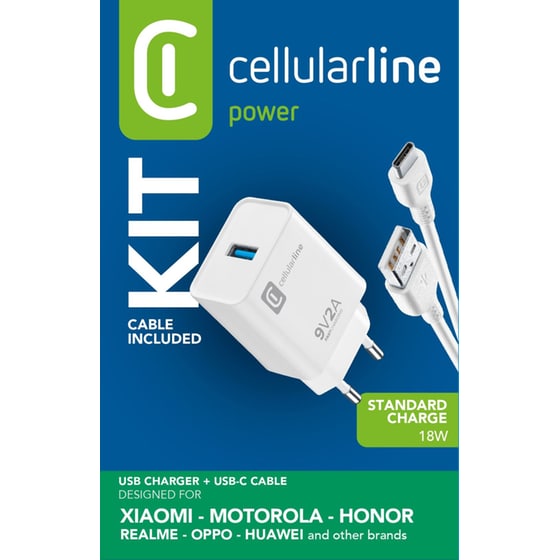 Σετ Φόρτισης Cellular Line USB Charger Kit 18W με Καλώδιο USB-A σε USB-C 1m - White image 1
