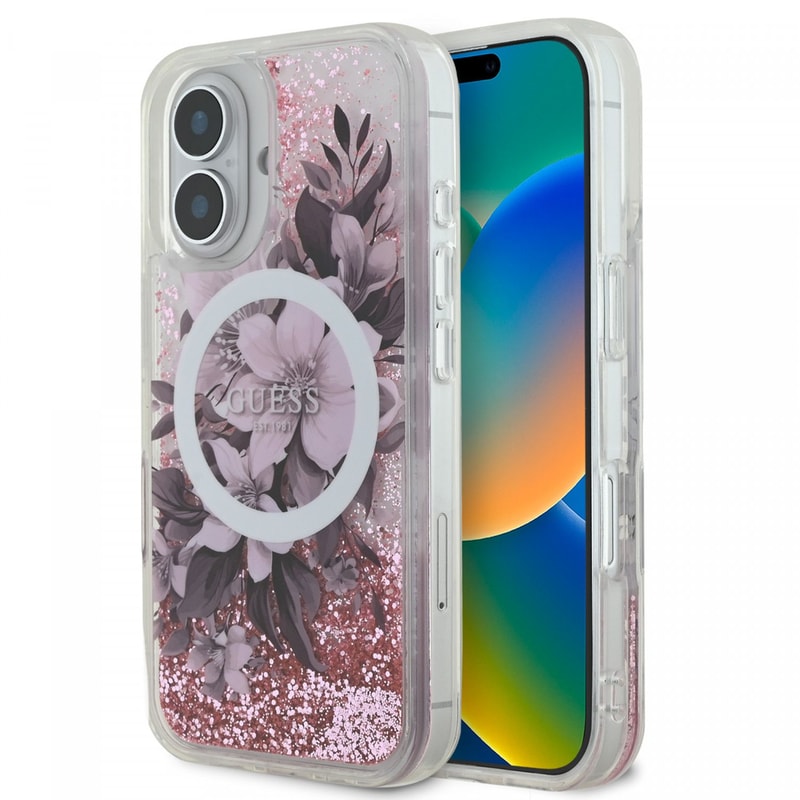 Θήκη Apple iPhone 16 Guess Liquid Glitter Flower - Ροζ