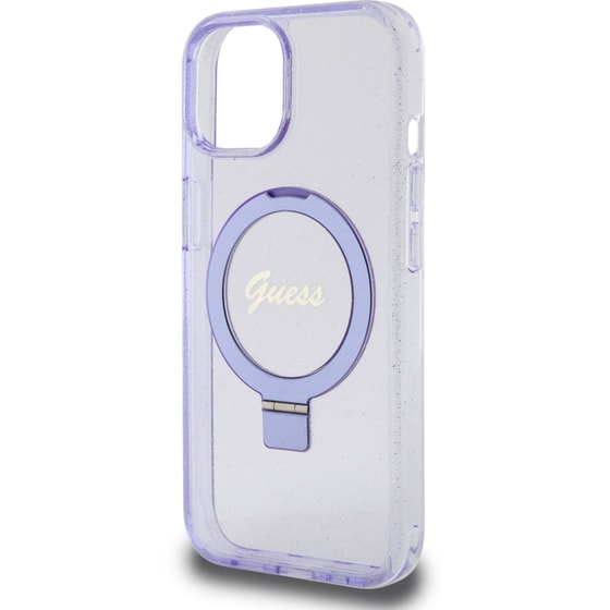 Θήκη Apple iPhone 15 - Guess Magsafe Ring Stand Glitter Hard Case Script Logo - Διάφανο/Μωβ image 3