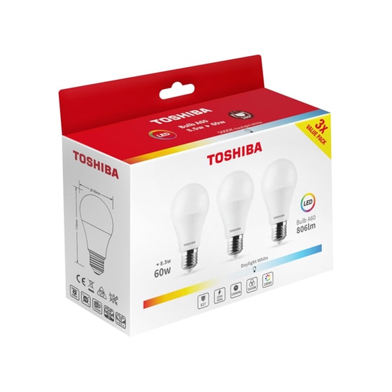 TOSHIBA LED A60 E27 8.5W 5000K 3 Pack image 0