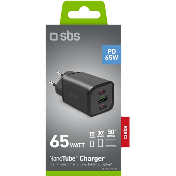 Φορτιστής Πρίζας SBS NanoTube Charger 2x USB-C / 1x USB-A 65W - Black image 1